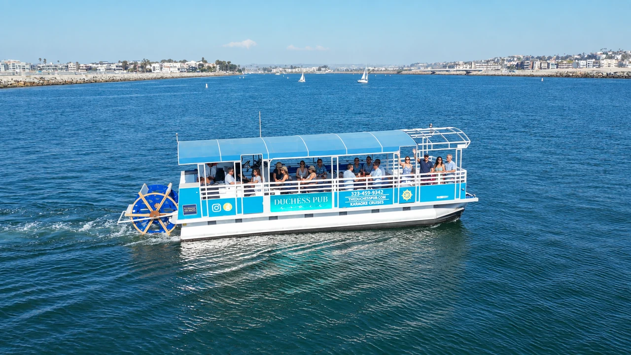 AI concept of The Duchess Pub cruising across the blue water of Marina del Rey with guests aboard