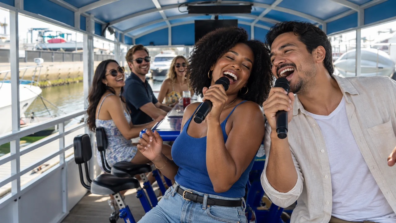 AI concept of two friends singing karaoke under the blue canopy aboard The Duchess Pub