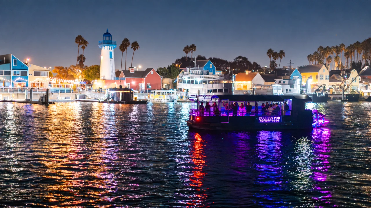 AI concept of The Duchess Pub illuminated in purple on the harbor at night