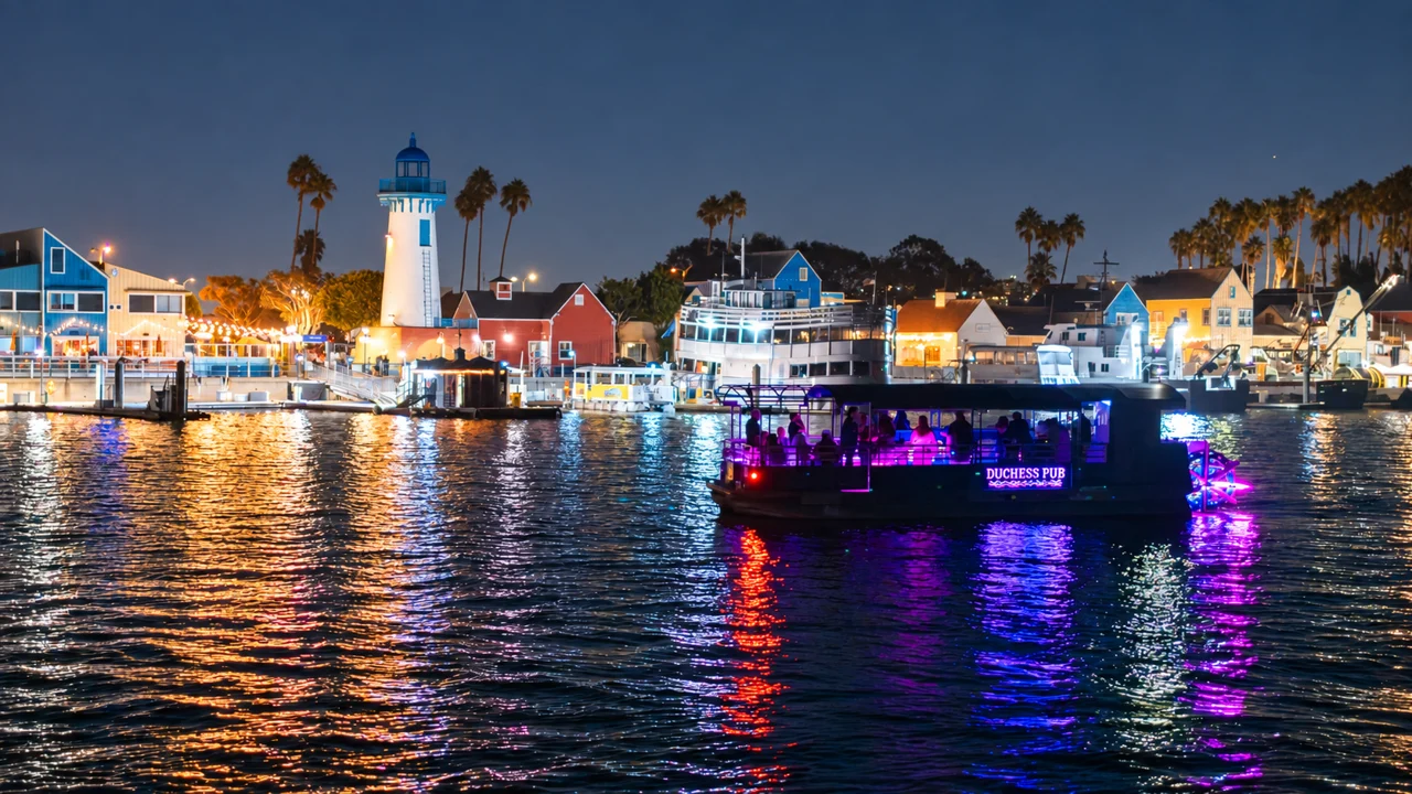 The Duchess Pub lit in purple beside the Marina del Rey waterfront at dusk